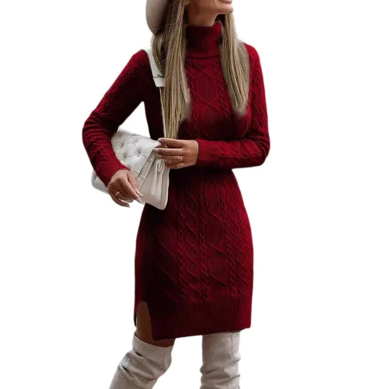 Women's Slim-Fit High Collar Sweater Dress – Long Sleeve, Solid Color, Medium-Length Pullover