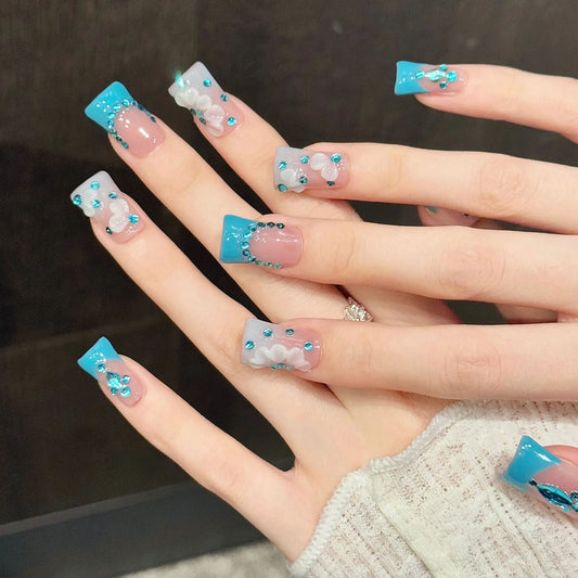 Duck Press-On Nails Set (10 Pcs) — Lake Blue French Style with Diamond Accents