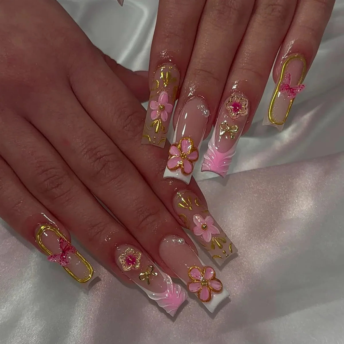 Press-On Nails 24 Pcs — Long Square Leopard Print, French & 3D Cherry Design with Rhinestones