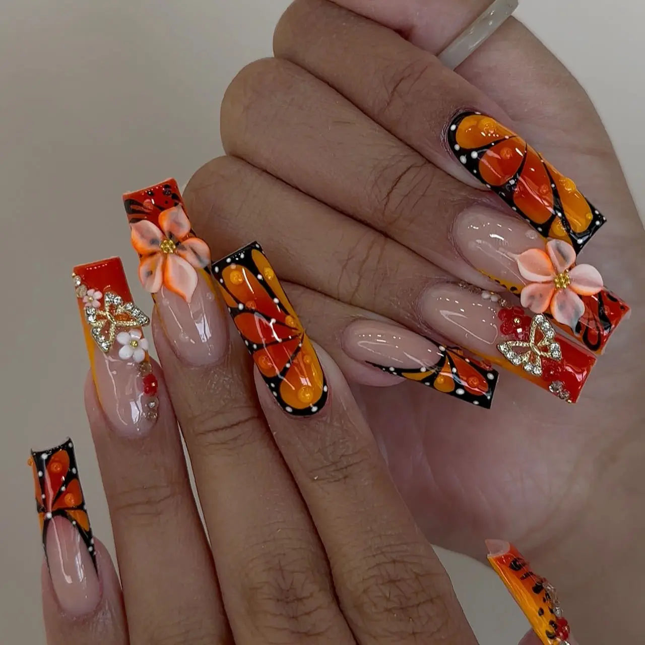 Press-On Nails 24 Pcs — Long Square Leopard Print, French & 3D Cherry Design with Rhinestones