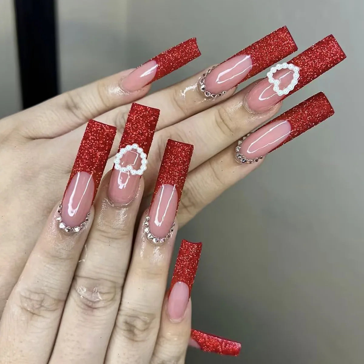 Press-On Nails 24 Pcs — Long Square Leopard Print, French & 3D Cherry Design with Rhinestones