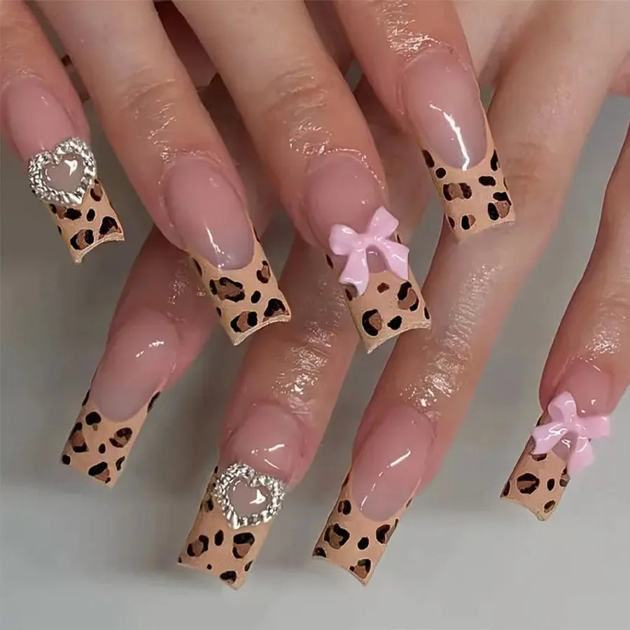 Press-On Nails 24 Pcs — Long Square Leopard Print, French & 3D Cherry Design with Rhinestones