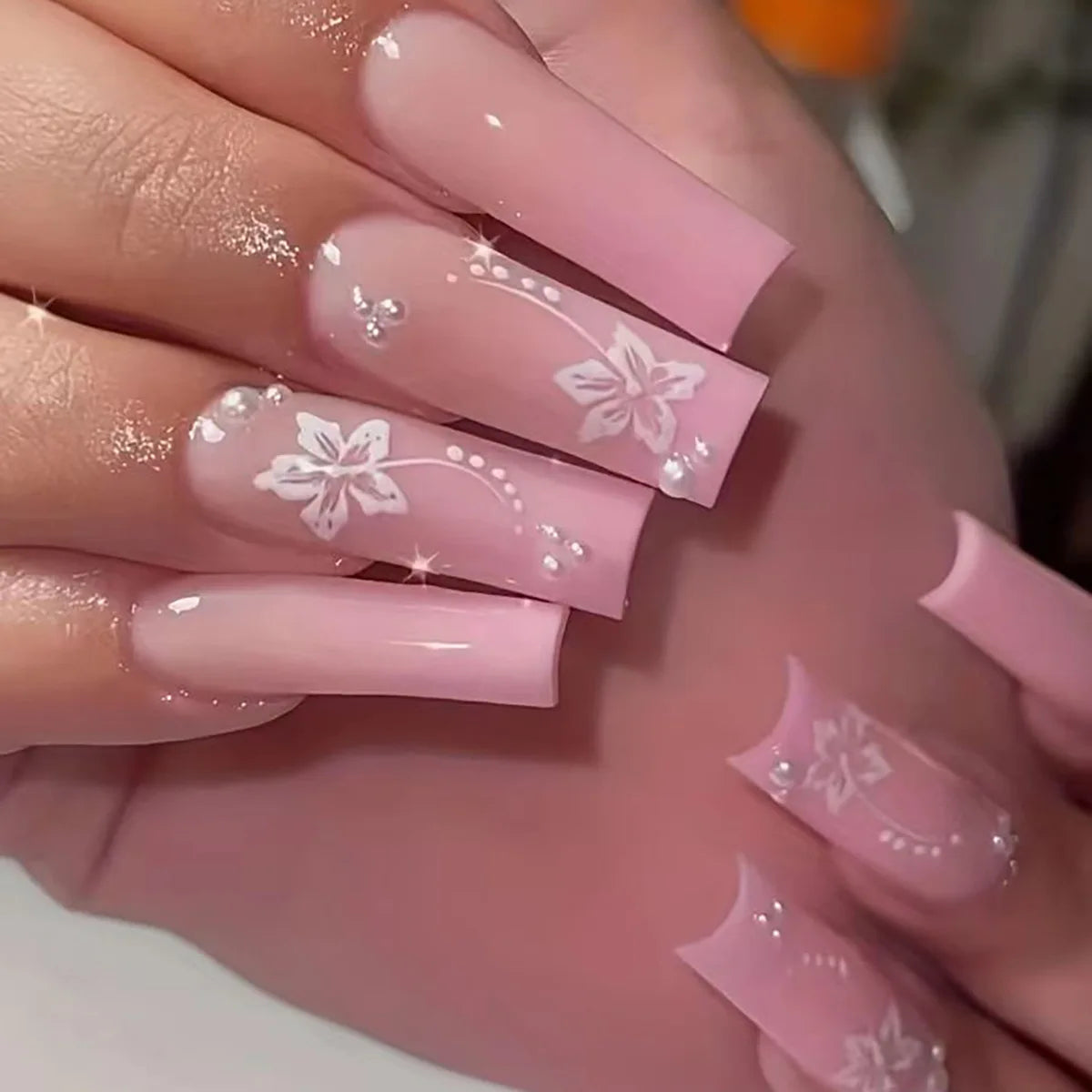 Press-On Nails 24 Pcs — Long Square Leopard Print, French & 3D Cherry Design with Rhinestones