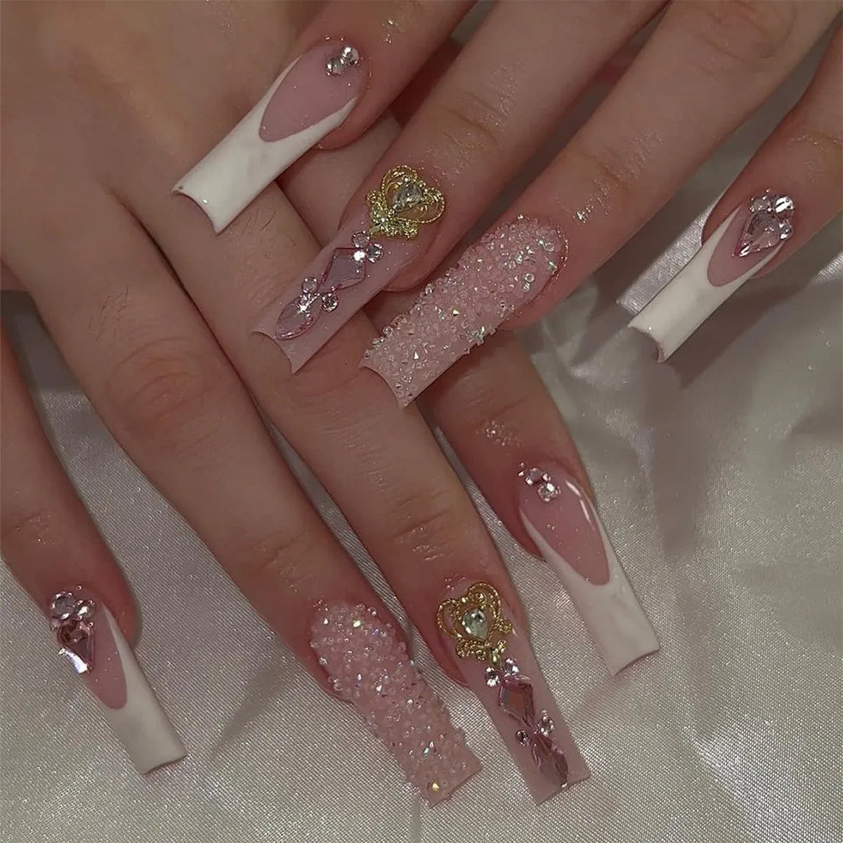Press-On Nails 24 Pcs — Long Square Leopard Print, French & 3D Cherry Design with Rhinestones