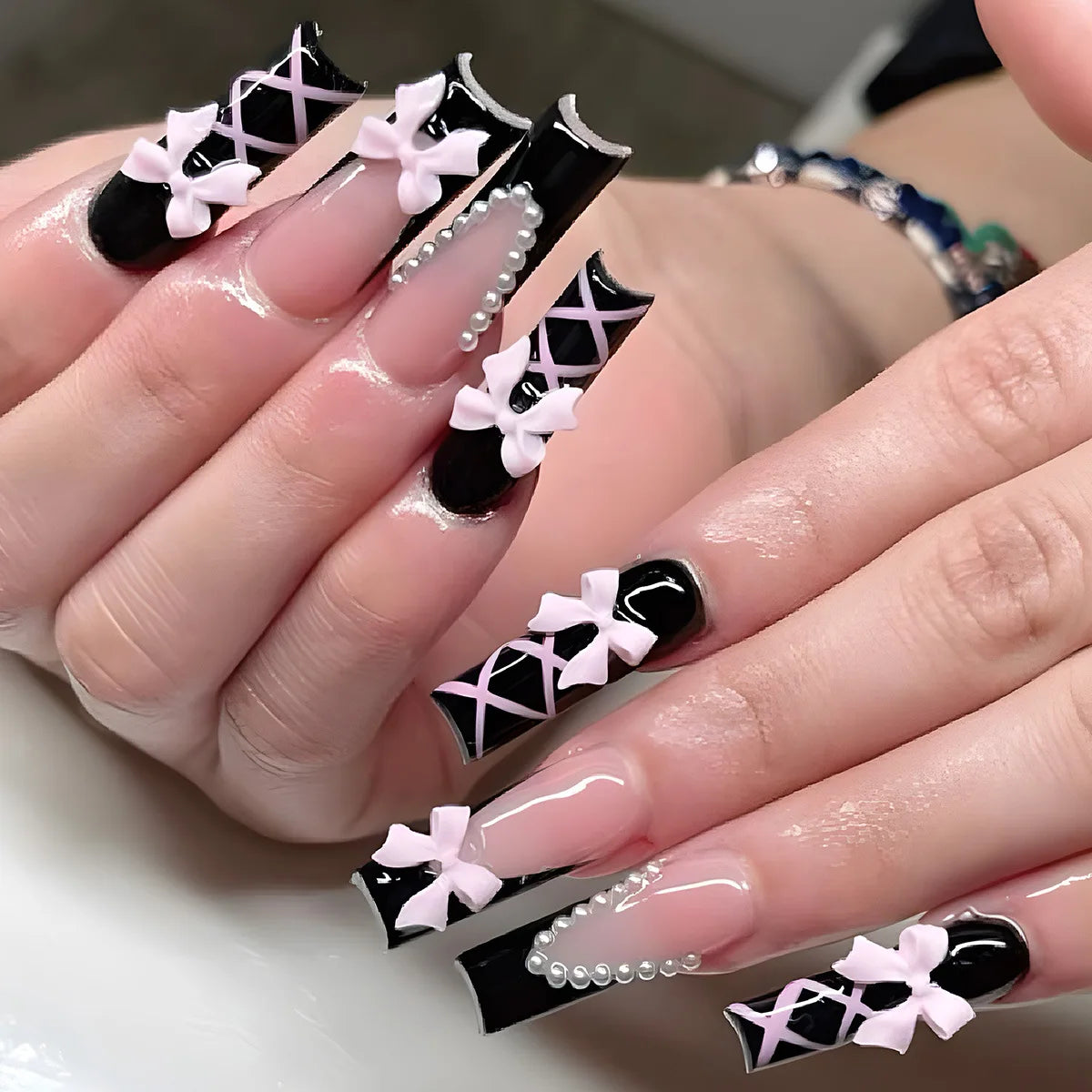 Press-On Nails 24 Pcs — Long Square Leopard Print, French & 3D Cherry Design with Rhinestones