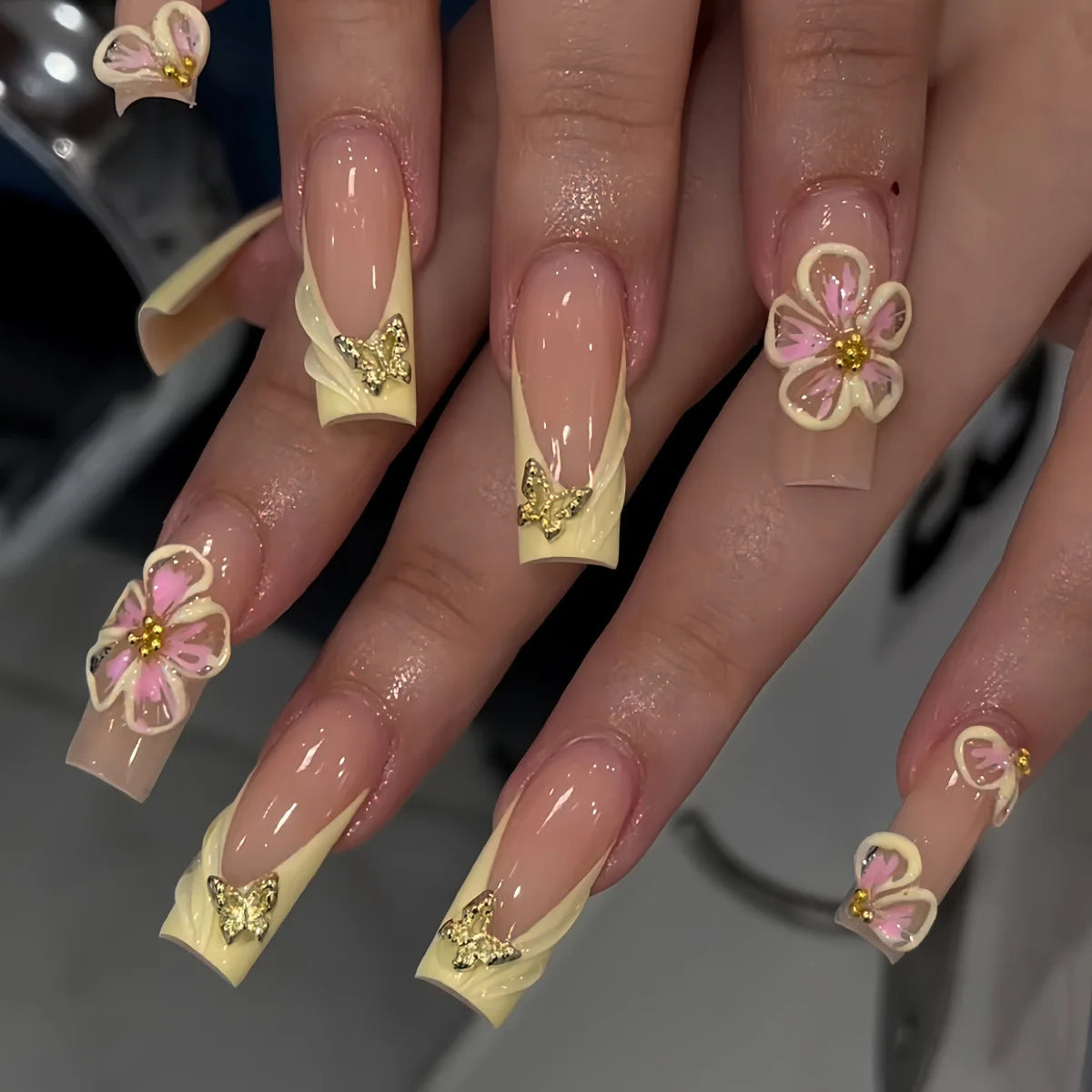 Press-On Nails 24 Pcs — Long Square Leopard Print, French & 3D Cherry Design with Rhinestones