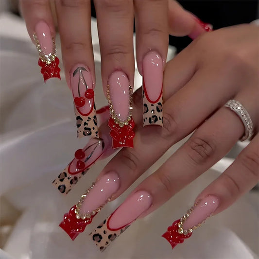 Press-On Nails 24 Pcs — Long Square Leopard Print, French & 3D Cherry Design with Rhinestones