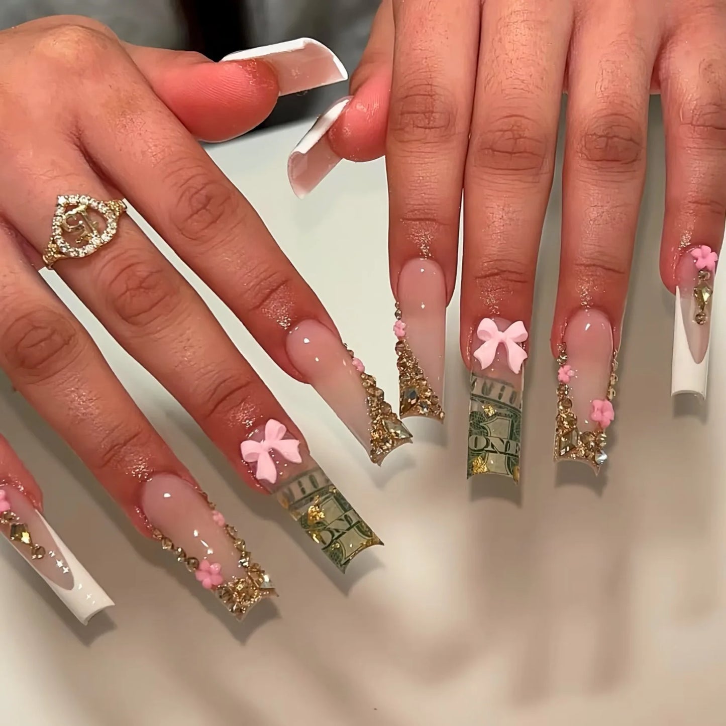 Press-On Nails 24 Pcs — Long Square Leopard Print, French & 3D Cherry Design with Rhinestones