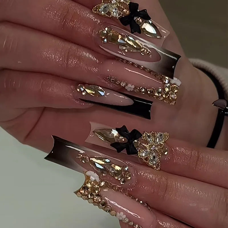 Press-On Nails 24 Pcs — Long Square Leopard Print, French & 3D Cherry Design with Rhinestones