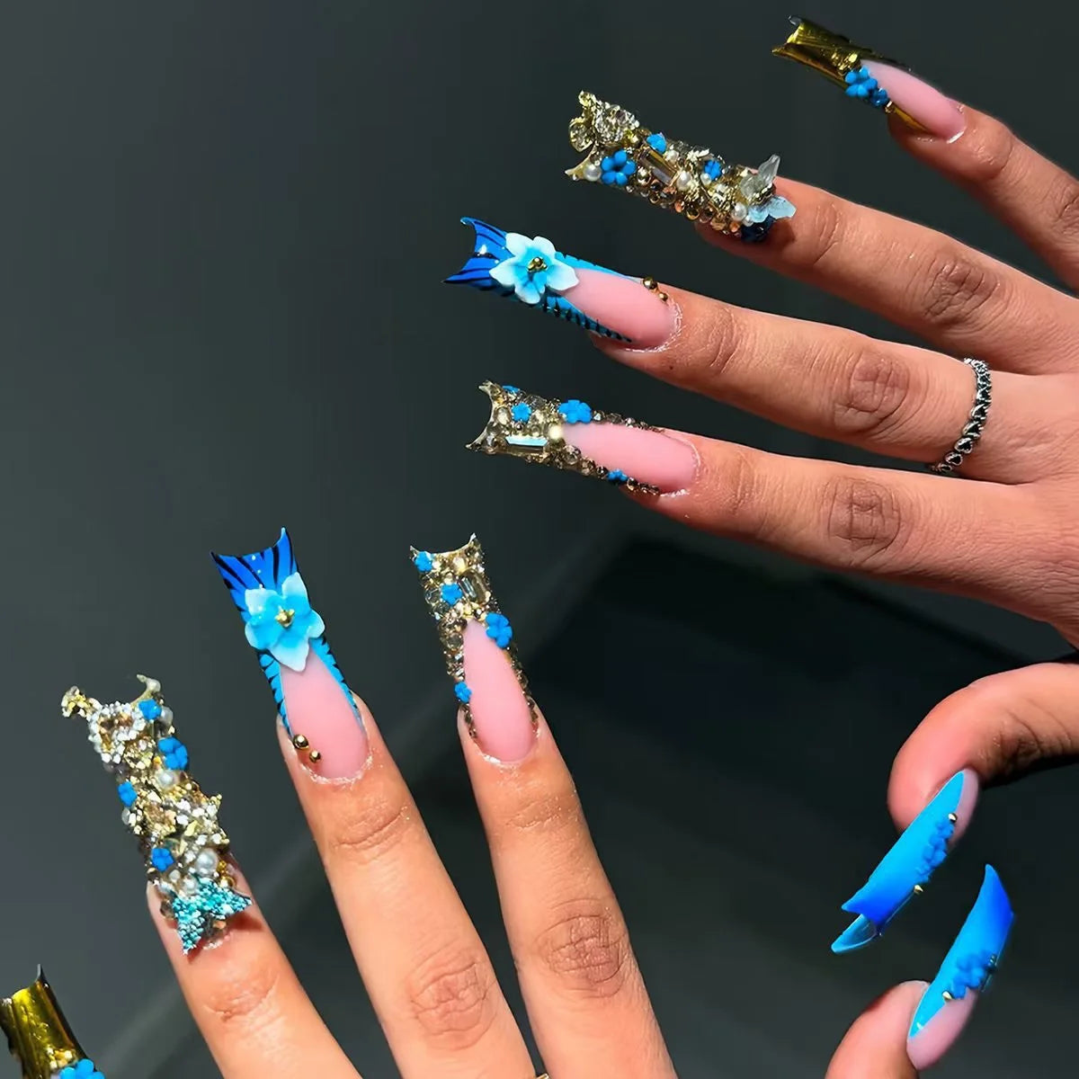 Press-On Nails 24 Pcs — Long Square Leopard Print, French & 3D Cherry Design with Rhinestones