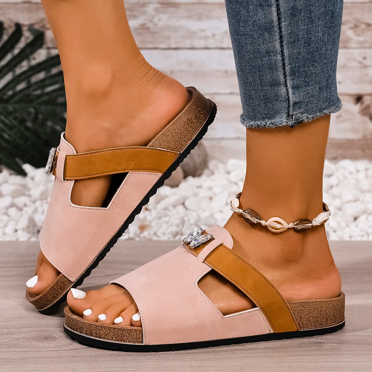 Women's Platform Slide Sandals — Pleated PU Upper, Rubber Sole | Summer