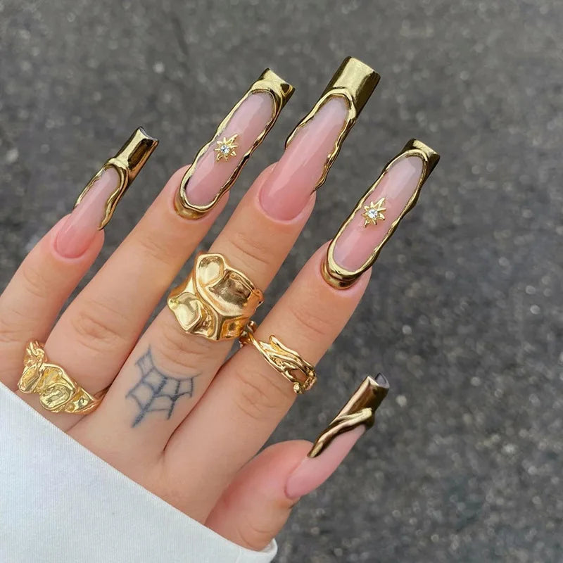 Press-On Nails 24 Pcs — Long Square Leopard Print, French & 3D Cherry Design with Rhinestones