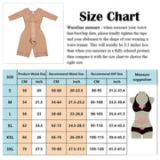 Size chart for Full Body Colombian Girdles, showing waist and hip measurements in cm and inches by size.