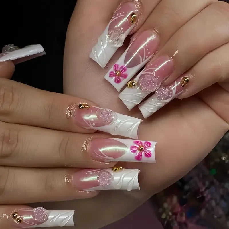 Press-On Nails 24 Pcs — Long Square Leopard Print, French & 3D Cherry Design with Rhinestones