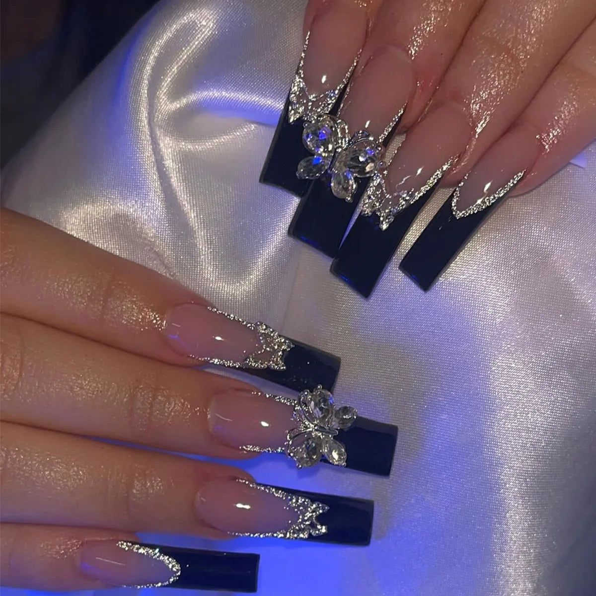 Press-On Nails 24 Pcs — Long Square Leopard Print, French & 3D Cherry Design with Rhinestones