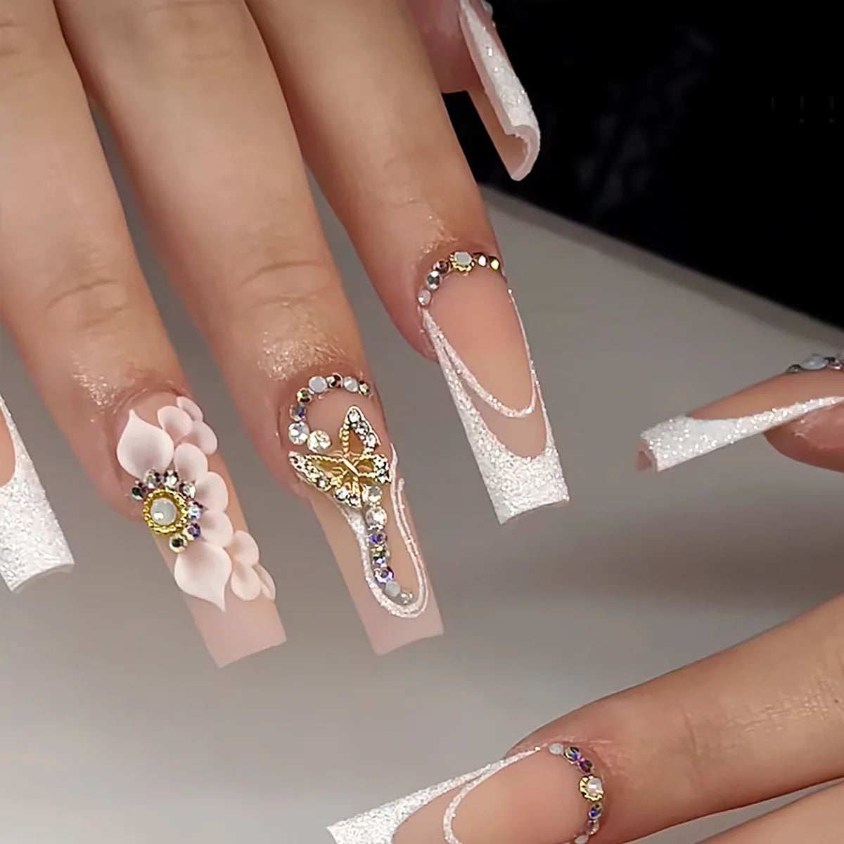 Press-On Nails 24 Pcs — Long Square Leopard Print, French & 3D Cherry Design with Rhinestones