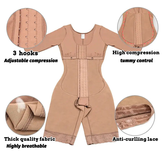 Full body Colombian girdle bodysuit with adjustable hooks, high compression tummy control, breathable fabric and anti-curling lace.