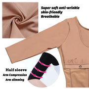 Detailed view of full body Colombian girdle shaper featuring soft, breathable fabric and arm compression design for slimming.