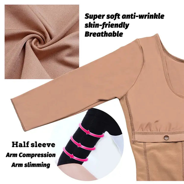 Detailed view of full body Colombian girdle shaper featuring soft, breathable fabric and arm compression design for slimming.