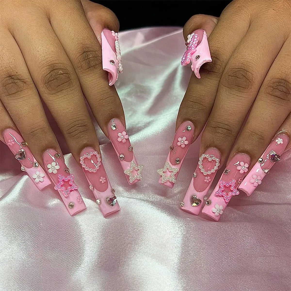 Press-On Nails 24 Pcs — Long Square Leopard Print, French & 3D Cherry Design with Rhinestones