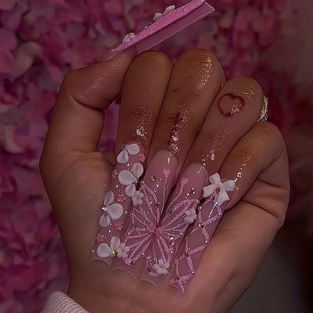 Press-On Nails 24 Pcs — Long Square Leopard Print, French & 3D Cherry Design with Rhinestones