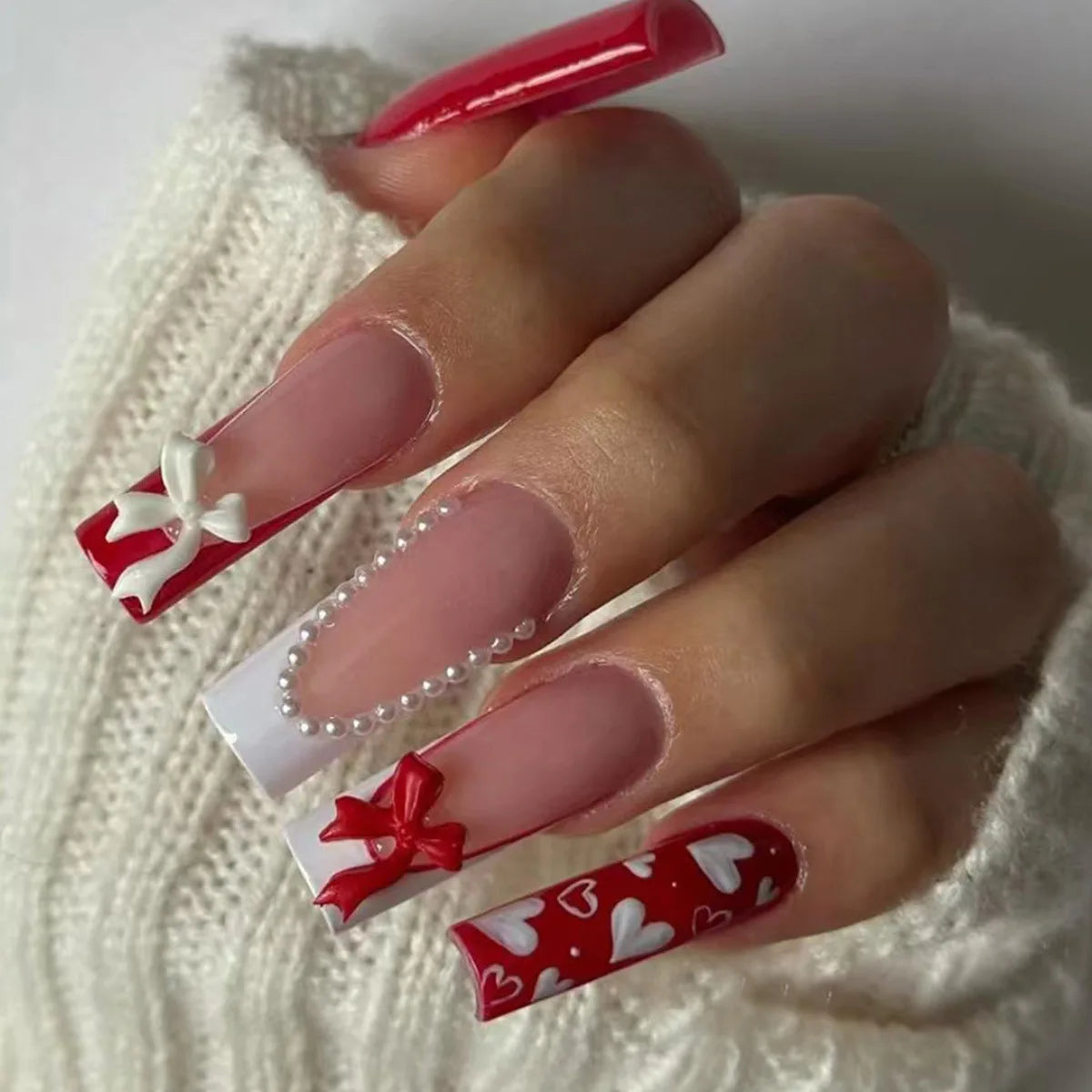 Press-On Nails 24 Pcs — Long Square Leopard Print, French & 3D Cherry Design with Rhinestones