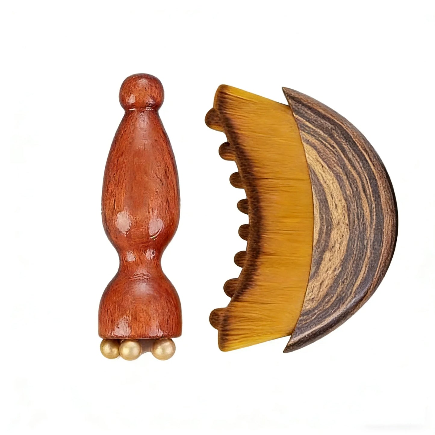 Lymphatic Facial Contour Brush & Brass Lotus Eye Massage Tool - Sandalwood Acupressure Set