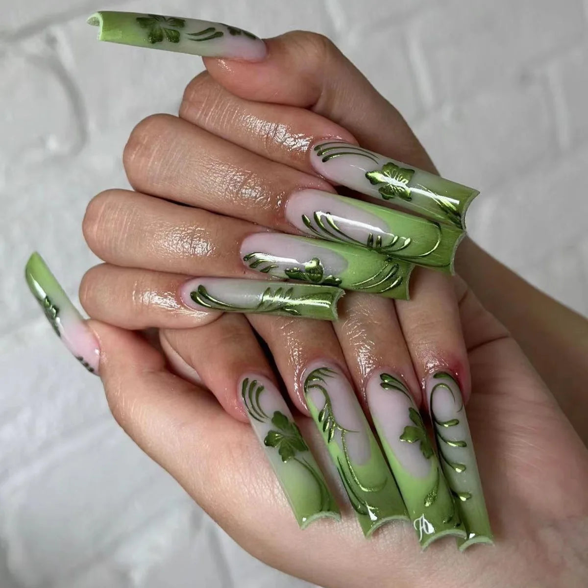 Press-On Nails 24 Pcs — Long Square Leopard Print, French & 3D Cherry Design with Rhinestones