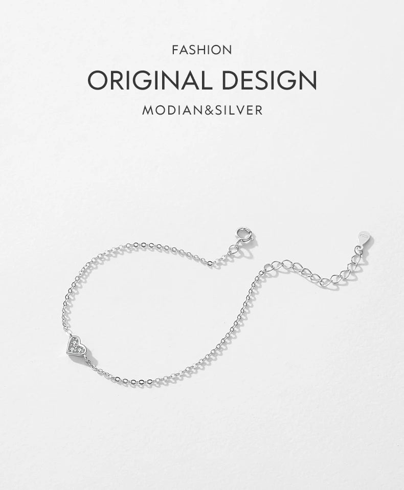 Sterling Silver Heart Bracelet - 925 Crystal Charm Jewelry