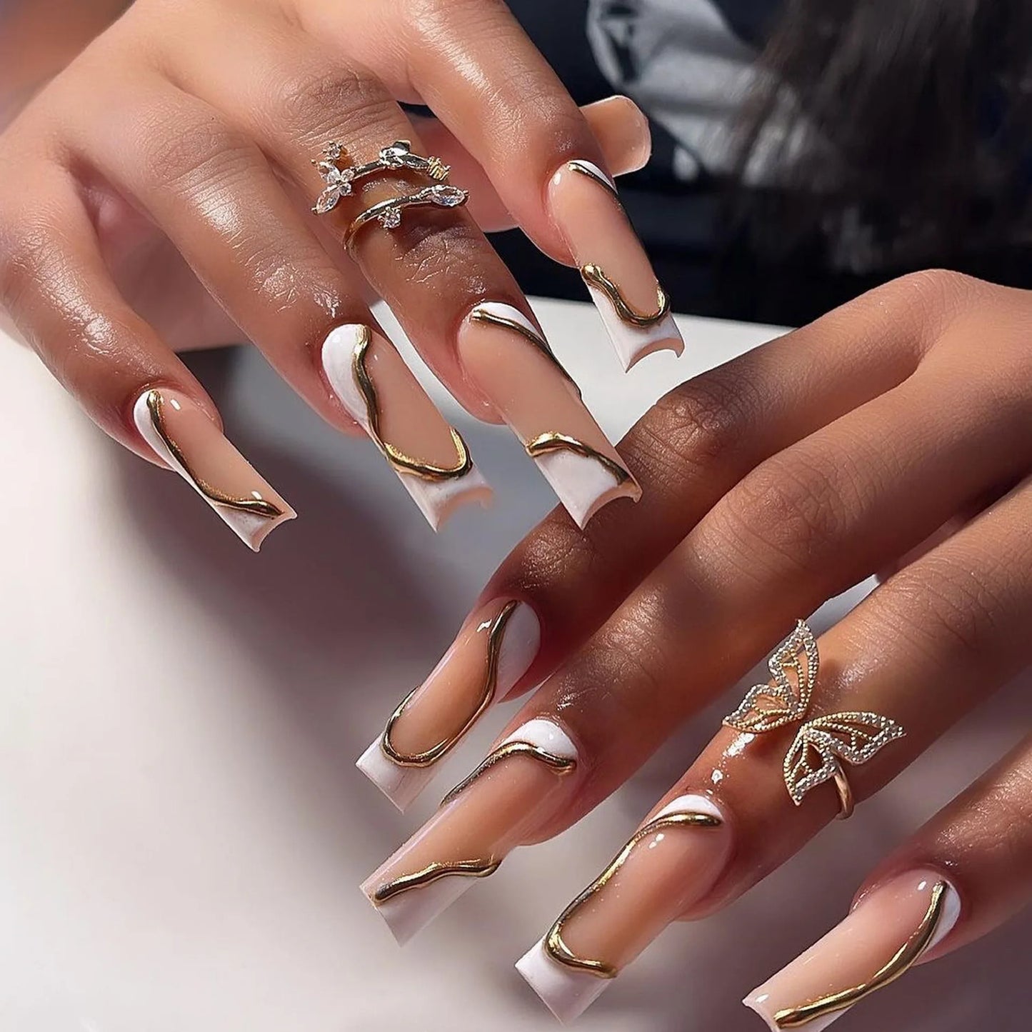 Press-On Nails 24 Pcs — Long Square Leopard Print, French & 3D Cherry Design with Rhinestones