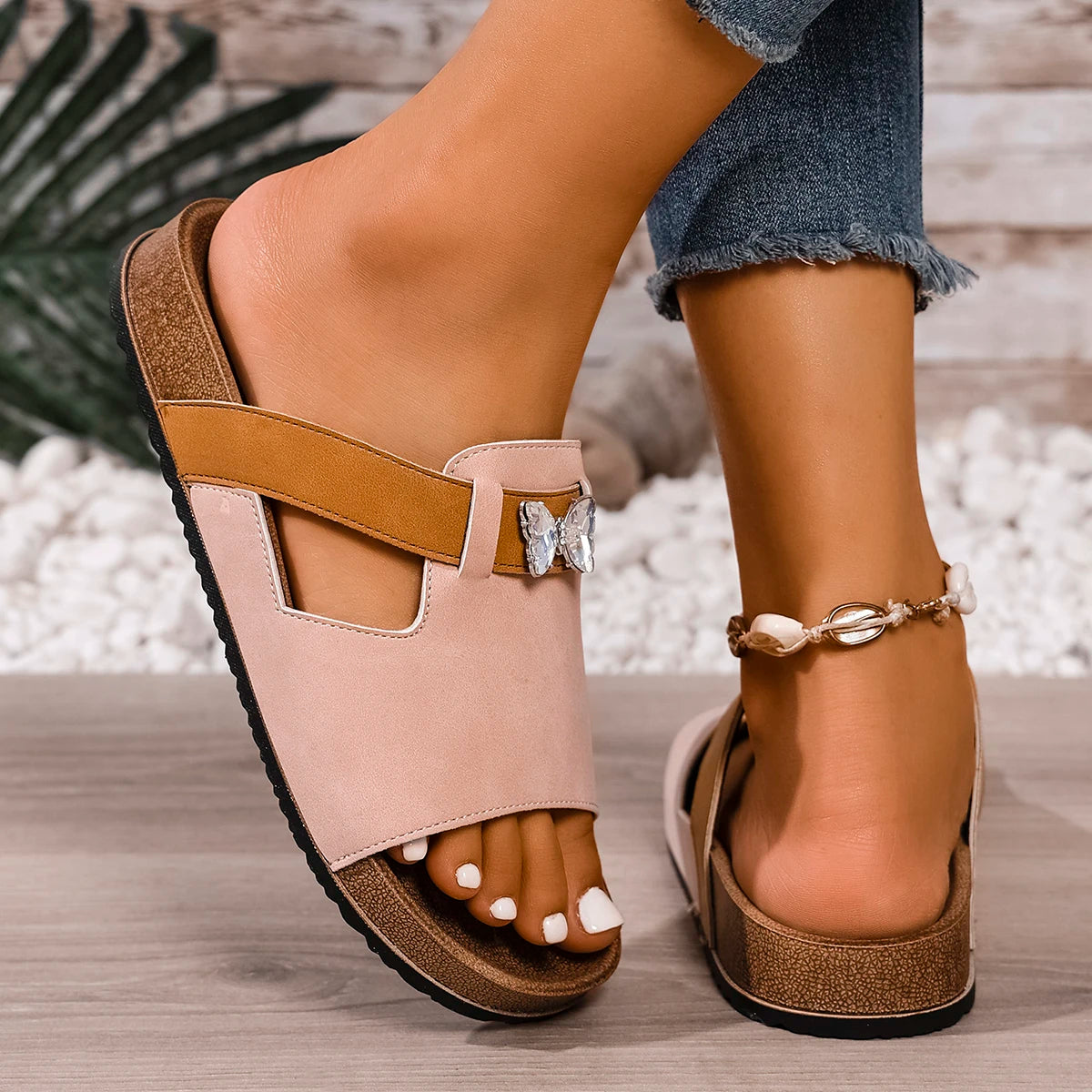 Women's Platform Slide Sandals — Pleated PU Upper, Rubber Sole | Summer