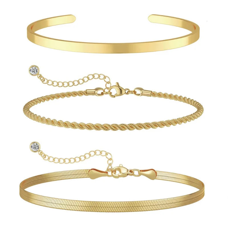Gold Layered Bracelet Set - 3 Piece Waterproof Stackable Jewelry