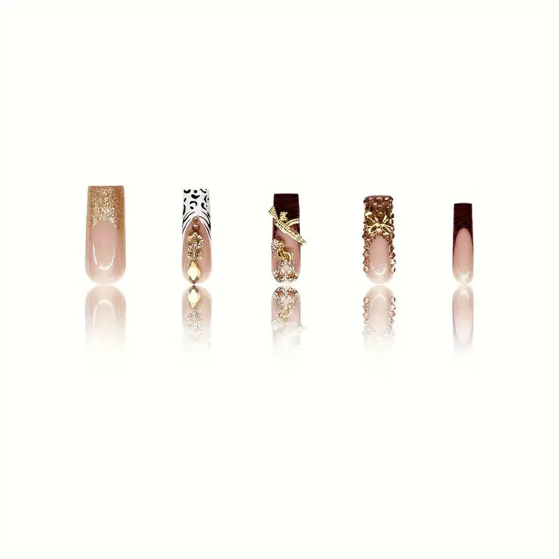 24pc Press-On Nails Set – French, Leopard, 3D Gold & Diamond Designs