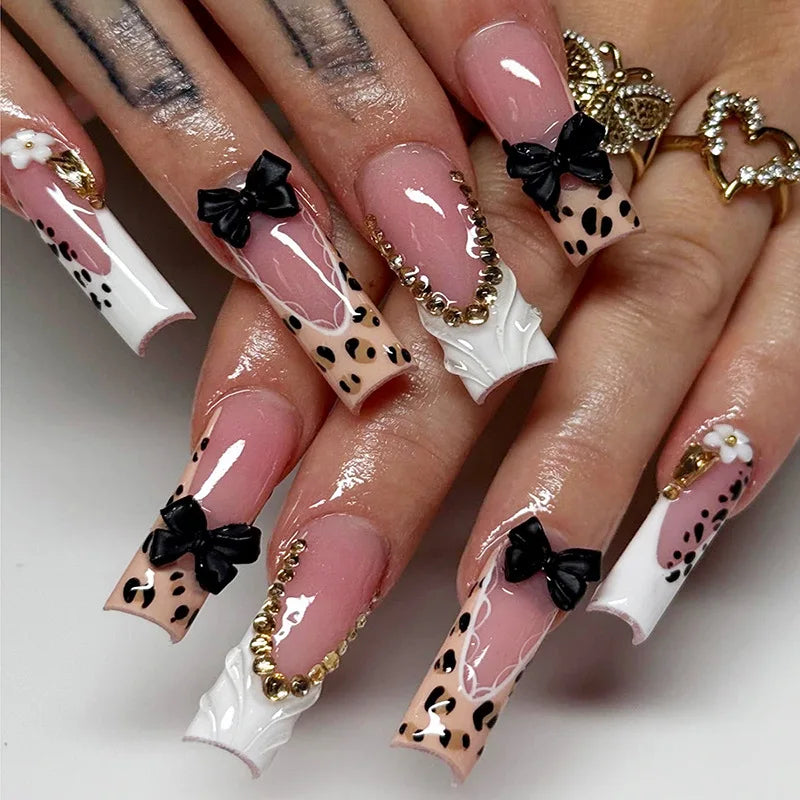 Press-On Nails 24 Pcs — Long Square Leopard Print, French & 3D Cherry Design with Rhinestones