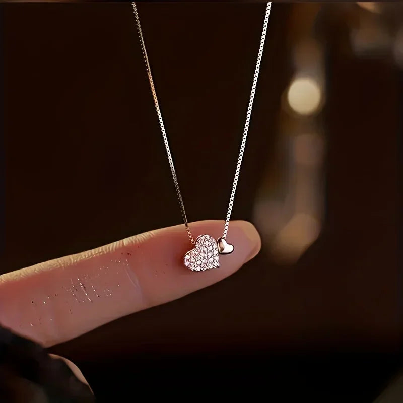 Double Heart Pendant Necklace - Zirconia Love Charm Jewelry