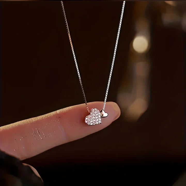 Double Heart Pendant Necklace - Zirconia Love Charm Jewelry
