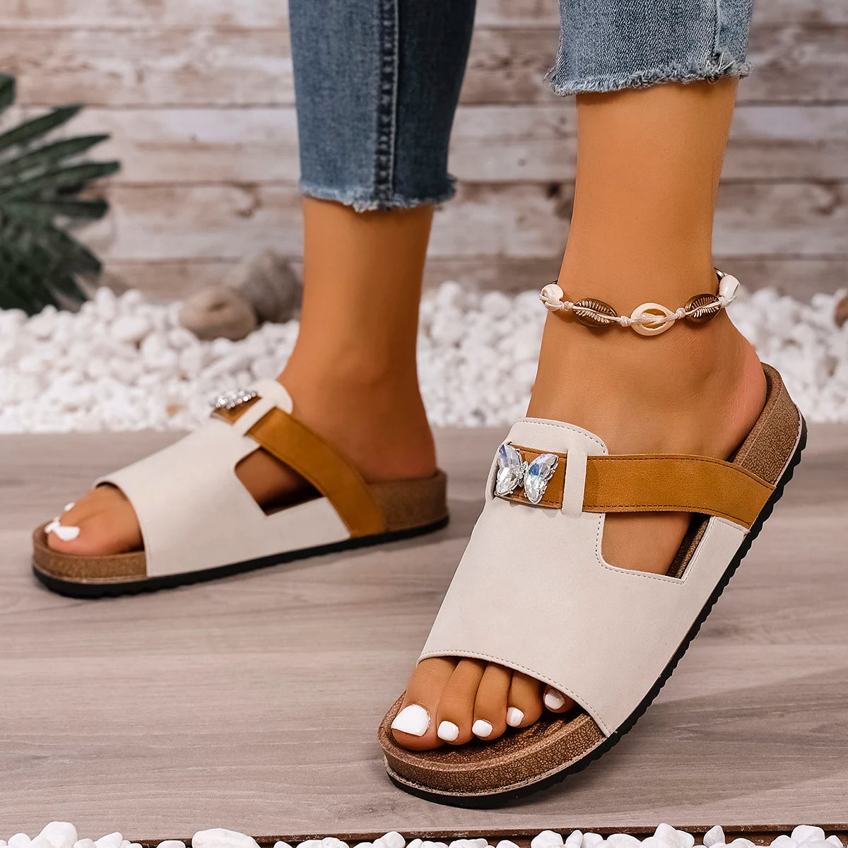 Women's Platform Slide Sandals — Pleated PU Upper, Rubber Sole | Summer