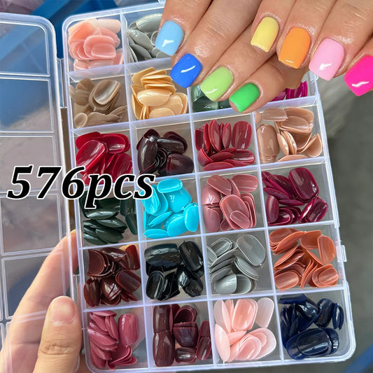 Colorful Press On Nails 576pcs | 24 Solid Colors Full Cover Nail Tips | Mixed Sizes