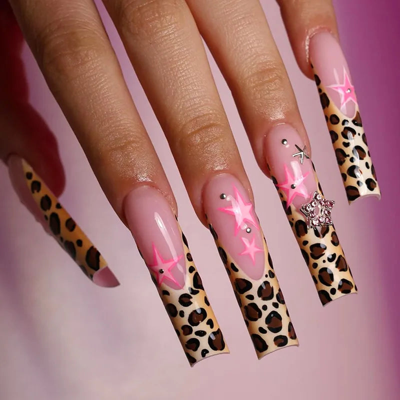 Press-On Nails 24 Pcs — Long Square Leopard Print, French & 3D Cherry Design with Rhinestones
