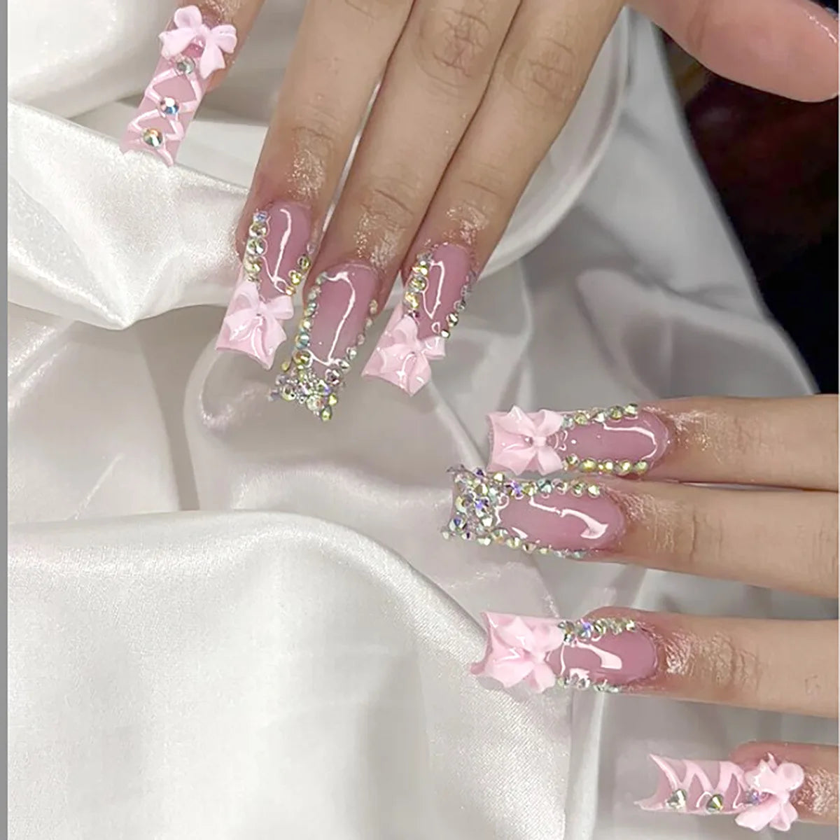 Press-On Nails 24 Pcs — Long Square Leopard Print, French & 3D Cherry Design with Rhinestones