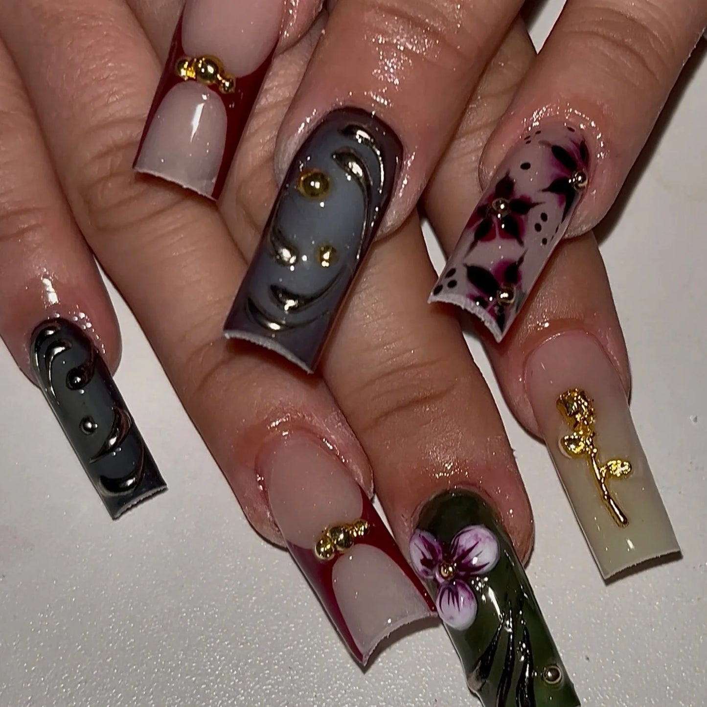 Press-On Nails 24 Pcs — Long Square Leopard Print, French & 3D Cherry Design with Rhinestones