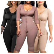 Full body Colombian girdles shaper bodysuits in black and nude for postpartum body shaping.