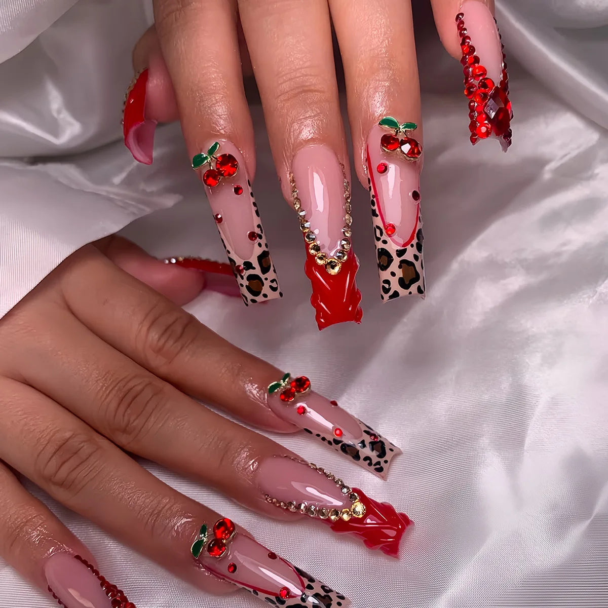 Press-On Nails 24 Pcs — Long Square Leopard Print, French & 3D Cherry Design with Rhinestones