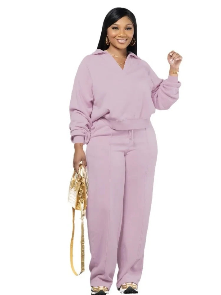 Wmstar Women’s Two-Piece Sweatsuit – V-Neck Long Sleeve Top & Solid Color Pants, Autumn/Winter Casual Set