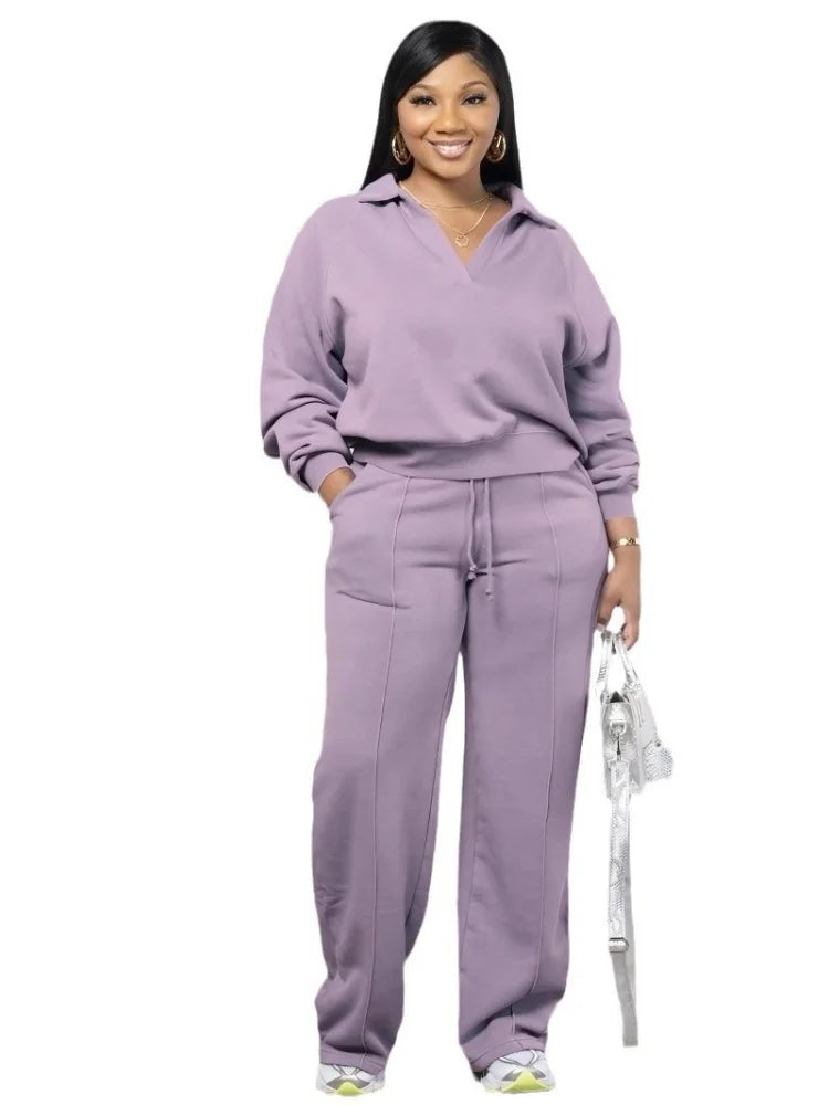 Wmstar Women’s Two-Piece Sweatsuit – V-Neck Long Sleeve Top & Solid Color Pants, Autumn/Winter Casual Set