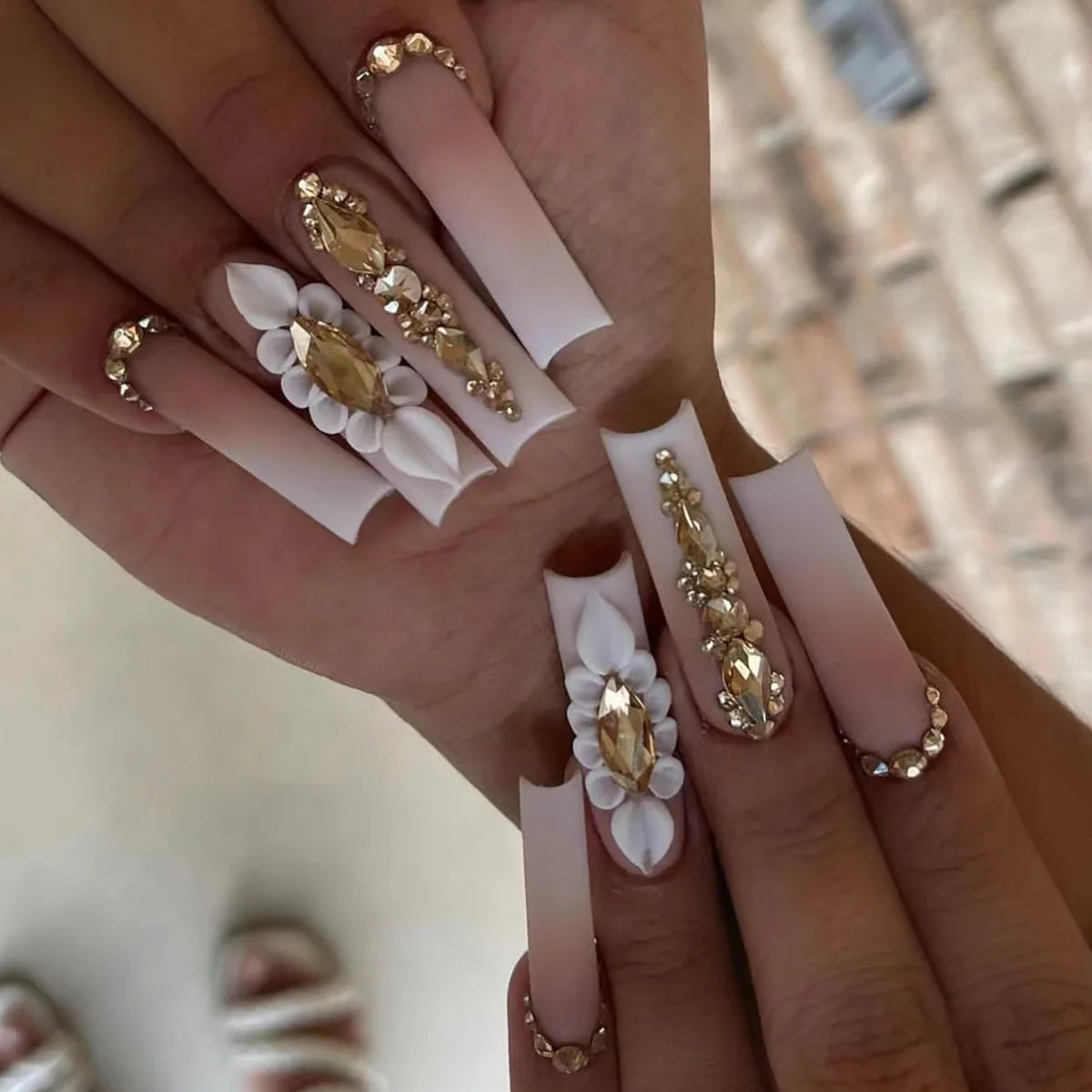 Press-On Nails 24 Pcs — Long Square Leopard Print, French & 3D Cherry Design with Rhinestones