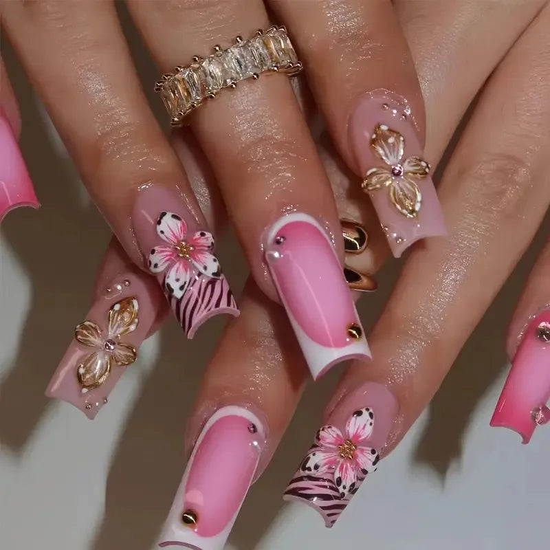 Press-On Nails 24 Pcs — Long Square Leopard Print, French & 3D Cherry Design with Rhinestones