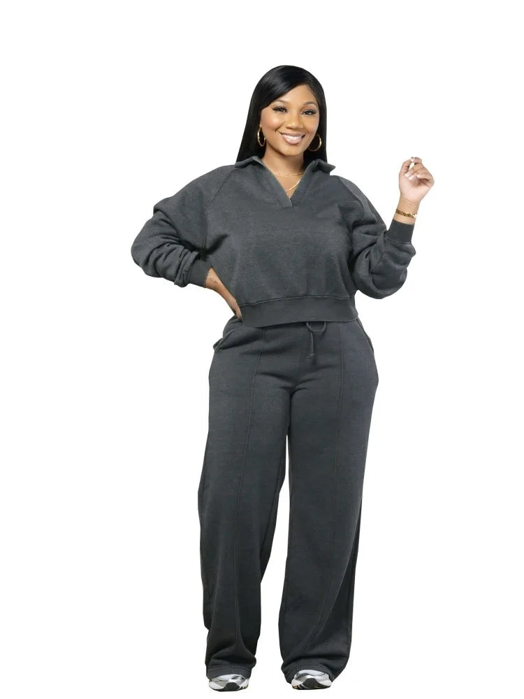 Wmstar Women’s Two-Piece Sweatsuit – V-Neck Long Sleeve Top & Solid Color Pants, Autumn/Winter Casual Set