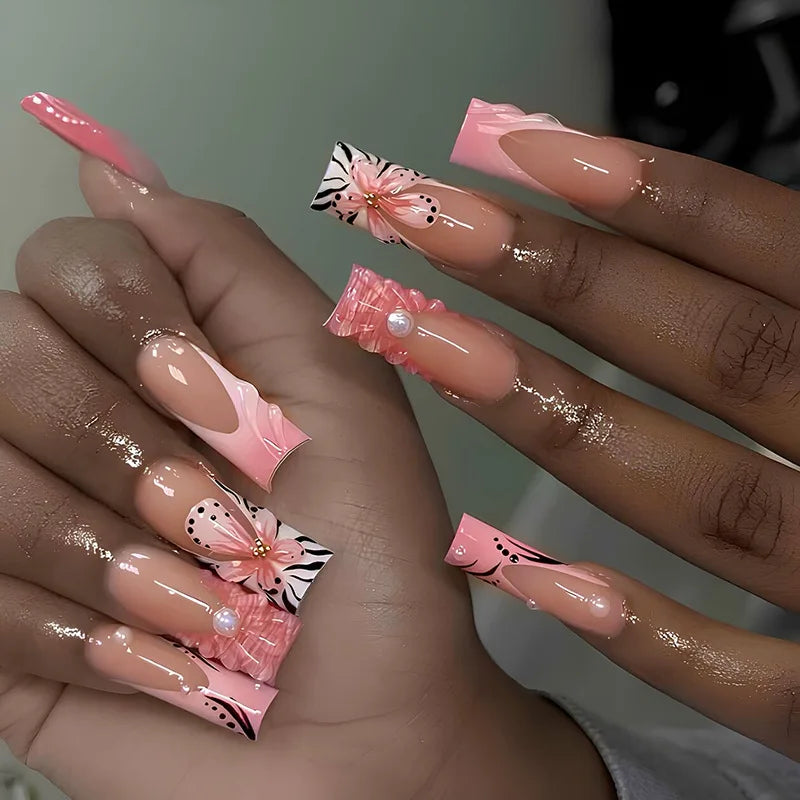 Press-On Nails 24 Pcs — Long Square Leopard Print, French & 3D Cherry Design with Rhinestones