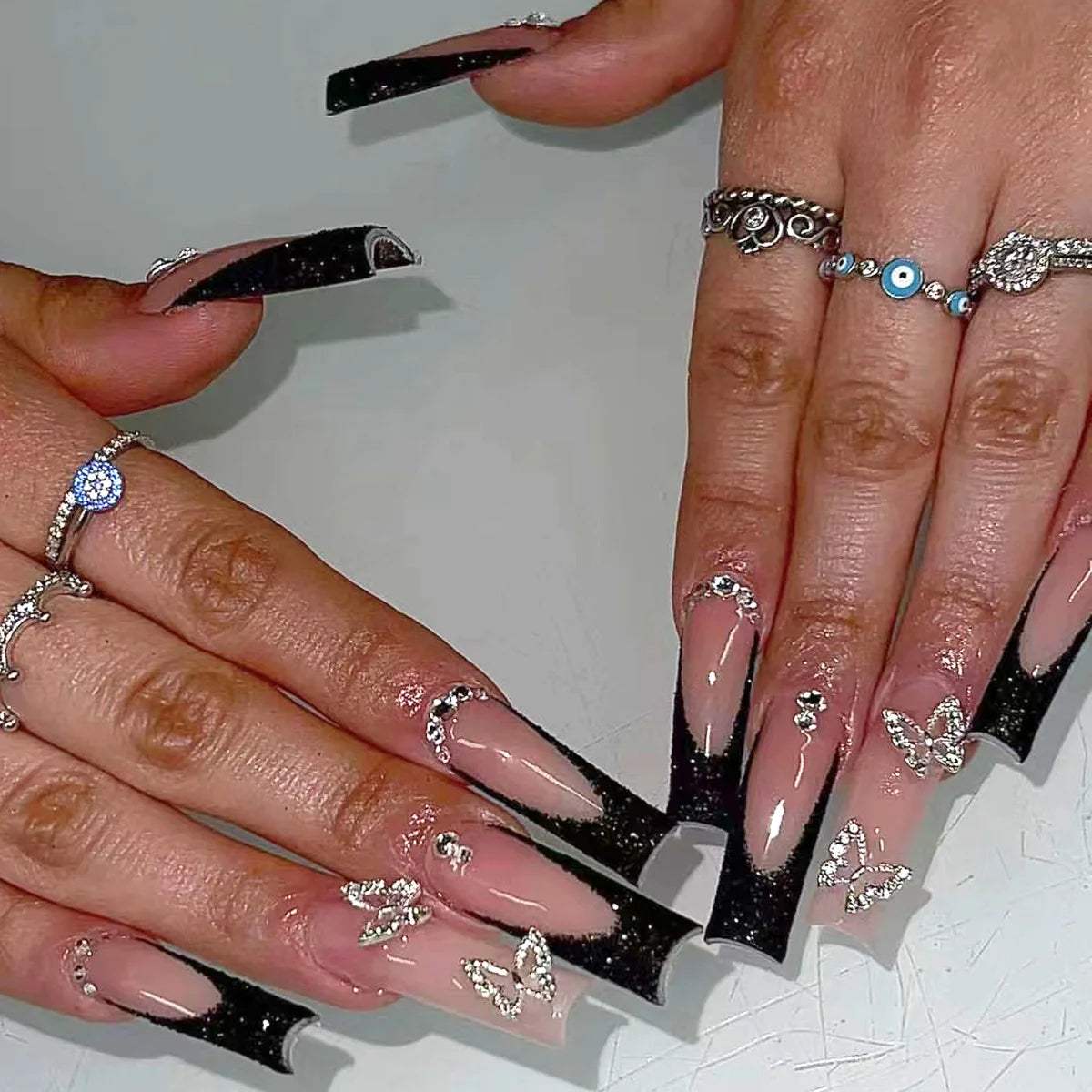 Press-On Nails 24 Pcs — Long Square Leopard Print, French & 3D Cherry Design with Rhinestones